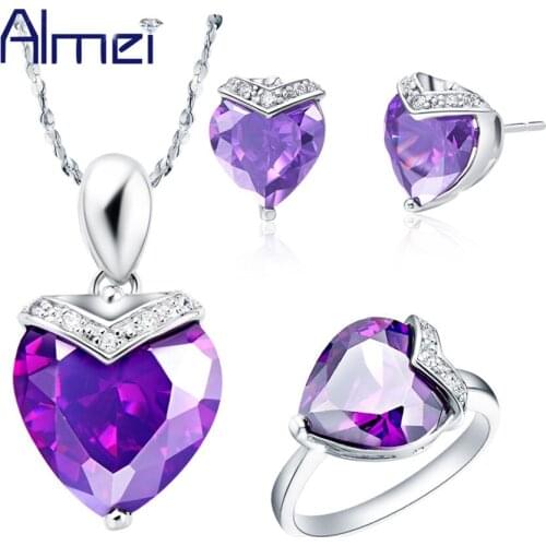 Almei Purple Heart Jewelry Sets Lady Jewellery Silver Ornamentation Necklace Women Earrings Ring Fashion Summer for Wedding T146