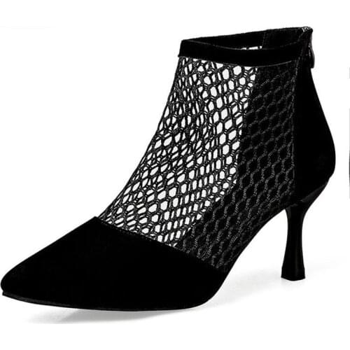 Summer Women High Heels Sexy Fishnet Ankle Boots Heels Suede Heels Pointed Toe Cool Sandals Boots Thin Heels Women Casual Shoes