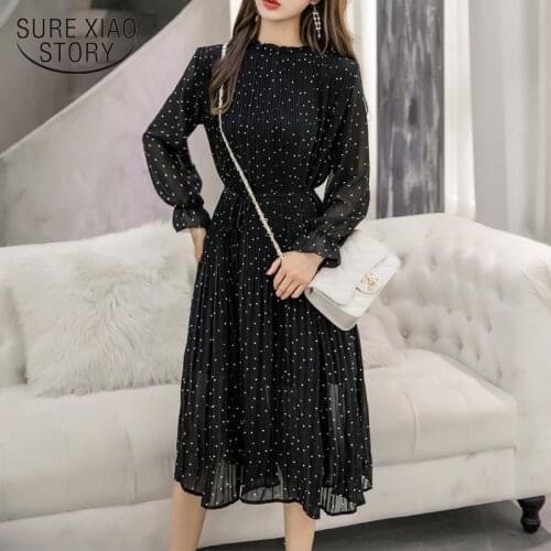 Black Vintage Chiffon Dress Autumn Lady Long 2021 Fashion Women Dresses Long Sleeve Polka Dot Pleated Dress Korean Clothes 3670