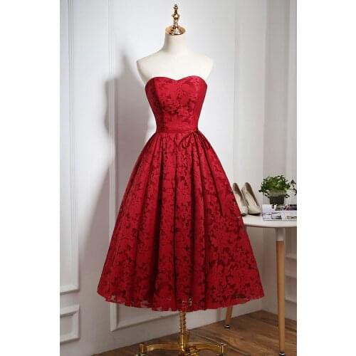 Wine Red Lace Party Dresses Sweetheart Sleeveless Lace-up Back Tea Length Cocktail Dresses