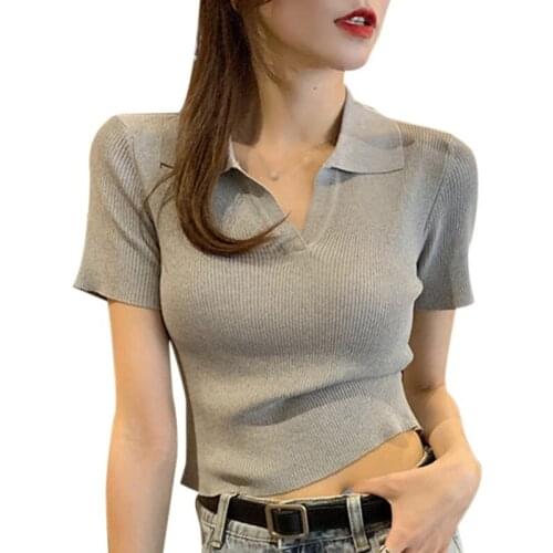 Daxin Womens Solid V Neck T-Shirt Korean Style Casual Short Sleeved Casual Knitted Polo Tee Crop Tops