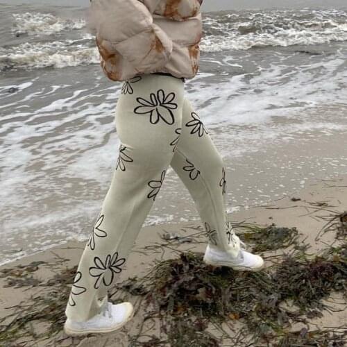 Joggers Women Y2K Beige Wide Leg Pants брюки женские High Waist Kawaii Floral 2021 Summer Black Vintage Print Loose Trousers