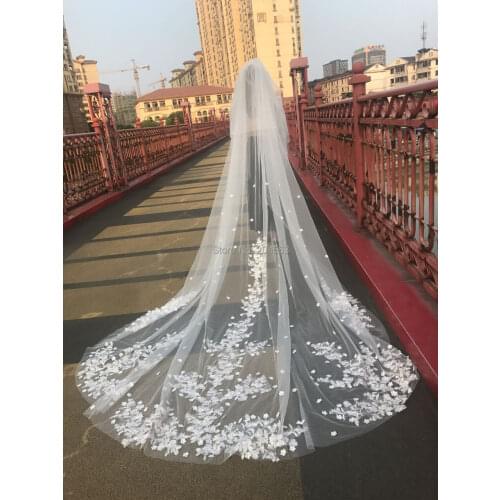 Floral Veil Two-Layer Luxury Lace Wedding Veil with Pink Flowers Cathedral Tulle Bridal Veils with Comb AX2019