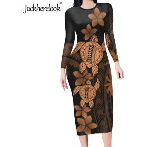 Jackherelook Vintage Turtle Polynesian Tribal Print Elegant Womens Bodycon Pencil Dress Spring AutumnLong Sleeve Party Dresses