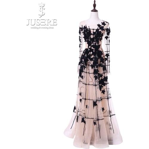 2019 Jusere High End Real Photos Black Leaf Appliques Illusion Bodice Evening Dress Elegant Long Sleeves Floor Length Gowns