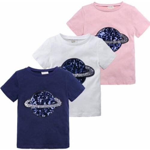 2020 Summer Fashion Toddler Infant Boys Girls Casual Sequins Planet Print Top Baby Girl Solid T-shirt Short Sleeve Clothes 1-8T