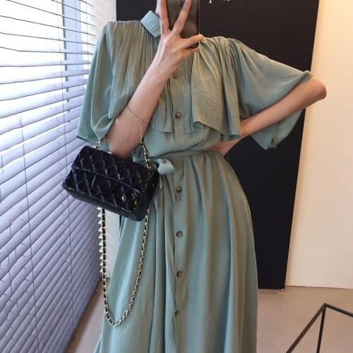 Korean Chic French Western Style Lapel Pleated Ruffled Stitching Fake Two-piece Lace-Up Waist Single-Breasted Dress
