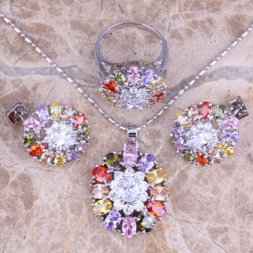 Royal Multicolor Red Garnet Silver Plated Jewelry Sets Earrings Pendant Ring Size 6 / 7 / 8 / 9 S0429