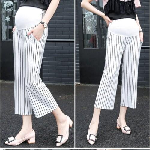 Summer New Striped Pregnant Wide Leg Pants Nine Pants Maternity Trousers Outfits Pregnant Women Black White M L XL XXL