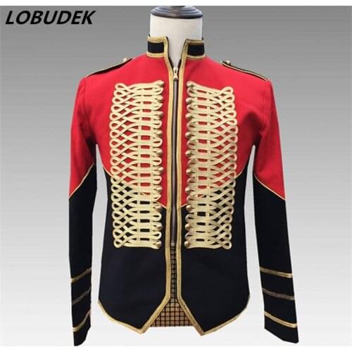 2019 New Mens Court Jackets Trendy Epaulet Black-red Stitching Military Uniform Coat Male Singer Host Nightclub Concert Costume