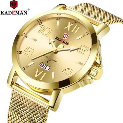 KADEMAN Luxury Brand Gold Mens Watch Calendar Stainless Steel Quartz Business Wristwatch Waterproof Relogio Masculino