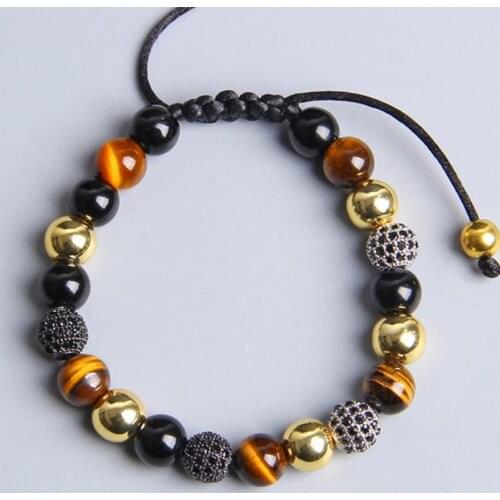 Men round cz copper natural stone beads charm bracelet top grade black Weave bracelet jewelry gifts for homme men dropshipping