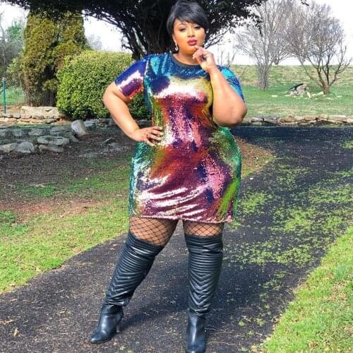 2019 New Plus Size Women Long Sleeve O-Neck Sequined Mini Dress Club Night Party Sexy Bodycon Dresses Vestidos 19472