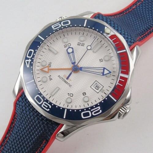 NEW 41mm White Sterile Dial Self Winding Automatic GMT Movement Sapphire Glass Red Rubber Strap Date Window Mens Watch