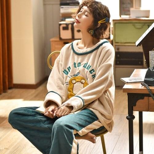 Womens Pajamas Cartoon Sleepwear Winter Warm Lingerie Home Wear Women Matching Fashion Pajamas Sets Round-Neck Thick Flannel