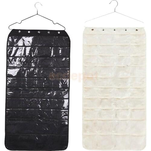 Jewelry Hanging Organizer Display Storage Bag Zippered Pockets Shelf Black/Beige