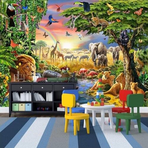 Dropship Custom Photo Mural Non Woven Walpaper 3D Cartoon Grassland Animal Lion Zebra Children Kids Wallpaper Tropical Wallpaper