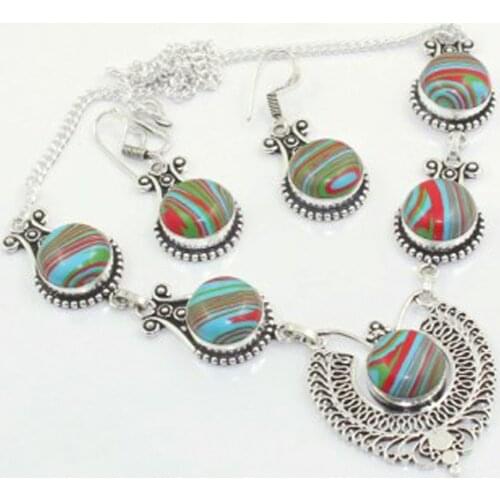 Rainbow CALSILICA Necklace + Earings Silver Overlay over Copper , 47.3cm, N3643