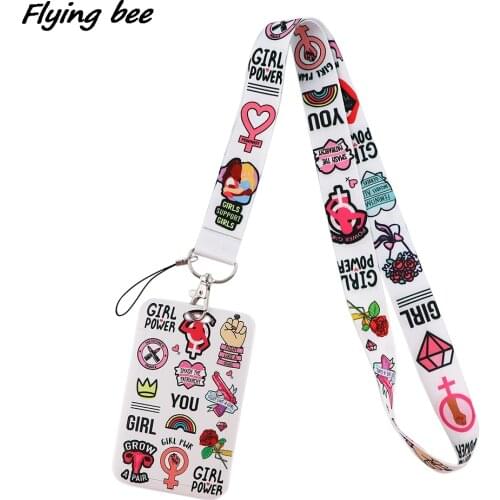 Flyingbee X1692 Feminism Power Girl White Neck Strap Lanyard For Keys ID Card Gym Mobile Phone Straps USB Badge Holder Hang Rope