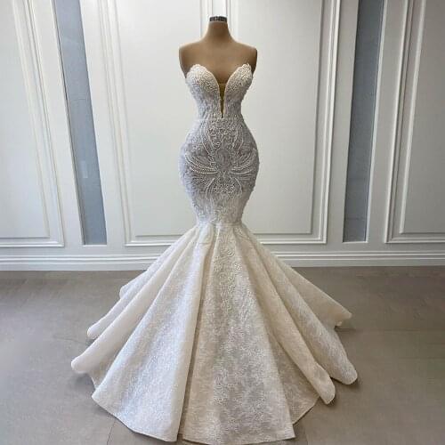 2020 Luxury Deep V Neck Heavy Beading Lace Mermaid Wedding Dress Bridal Gown