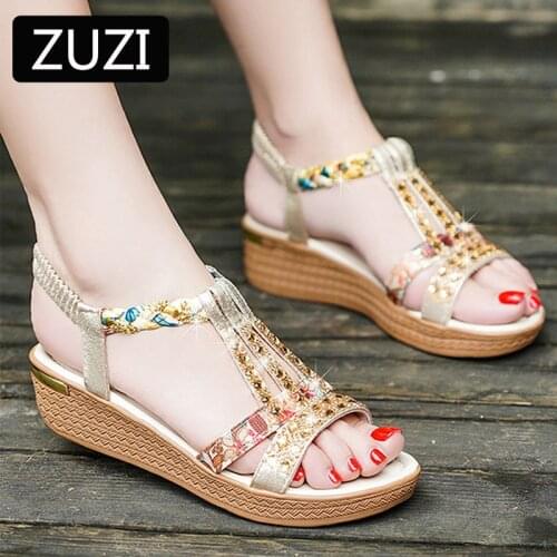 ZUZI Platform Wedges Sandals Women Summer 2021 New Womens Shoes Vacation Rhinestone Platform Bohemian Beach Slippers