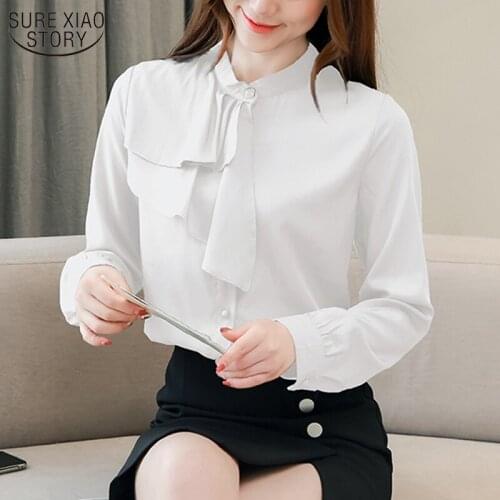 Long Sleeve Chiffon Blouse Solid Bow Collar Irregular Ruffles Top Female 2021 Autumn New Office Lady Fashion Women Blouses 10515