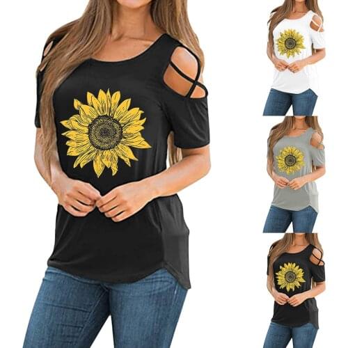 Women Short Sleeve Round Neck Sunflower Printing T-Shirt Exposed shoulders Tee Tops Solid Color Blouse Daily All-match T-shirt