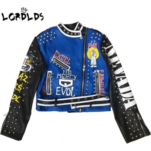 LORDLDS Women Blue Leather Jacket Punk Rock Style Autumn Winter Print Stud Jackets Coats Short Outfit for Woman