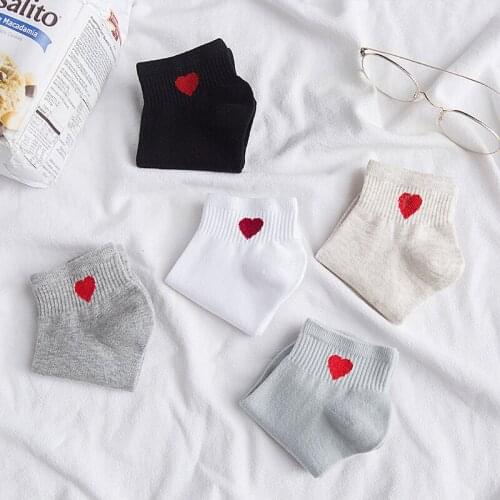 Harajuku Spring Autumn Women Red Heart Print Casual Socks Cute Students Short Sock Pure Color Breathable Ankle Soxs Female 2021