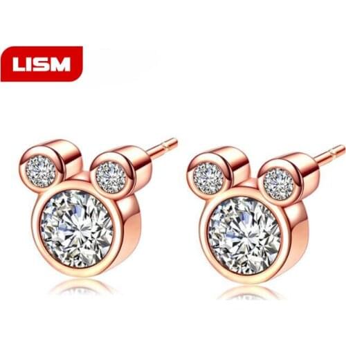Mickey Stud Earring For Women Girls AAA Zircon Crystal Wedding Bridal Fashion Rose Gold Silver Color Earrings Jewelry