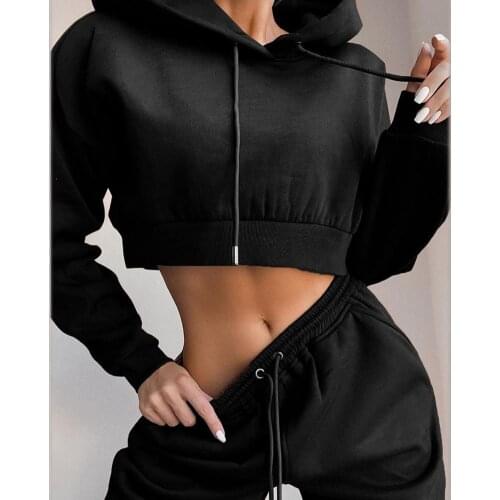 2021 New AutumnAndWinter1 Set Hoodies Pants Set Hooded Drawstring Women Long Sleeve Crop Top Hoodies Pockets Trousers for Sports