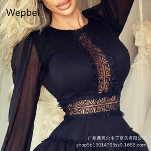 Wepbel Ruffles Mini Dresses High Waist Mesh Lace Women Dress Stitching Waist Trimming Long Sleeve Slim Fits Sexy Mini Dress
