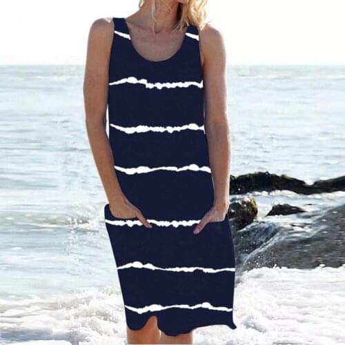 New Women Sleeveless Tie Dye Striped Dresses Summer 2021 Loose Plus Size Dress 5XL Casual O-Neck Pocket Vest Beach Style Dress