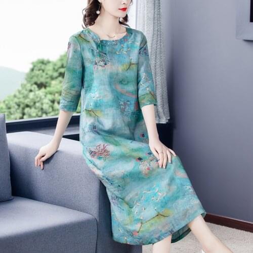 2021 Spring Casual Print 5XL Midi Dress Autumn New Chinese Style Floral Ramie Vintage Dress Women Elegant Bodycon Party Vestidos