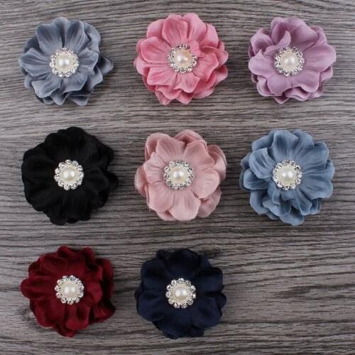 120pcs/lot 4.6cm 8colors Hair Clips Mini Felt Flower+Rhinestone Pearl Bead For Hair Accessories DIY Fabric Flowers For Headbands