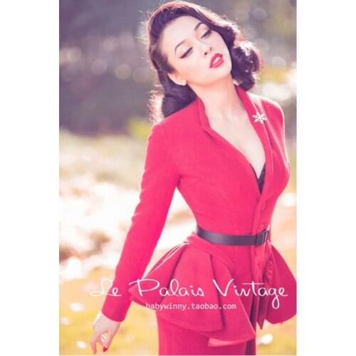 FREE SHIPPING Le Palais Vintage Retro Red removable flounce 100% wool woolen slim coat/over coat