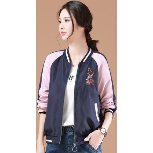 Crane Embroidery Baseball Jacket Women Short Jackets Spring Fall Loose Top Outwear Ladies Japanese Style Coats FF2262