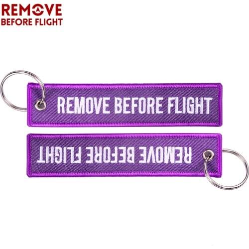 50 PCS/LOT Fashion Jewelry Keychain for Cars Purple Embroidery Key Fobs REMOVE BEFORE FLIGHT Key Chain Customized Key Chains