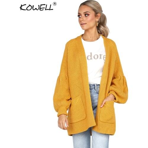 Four Colors Plain Autumn Knitted Cardigan Sweater With Pockets Women Outwear Puff Sleeve Oversize Long Sweater Coats Womens
