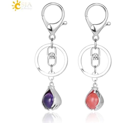 CSJA New Car Keychains Metal Key Rings Clasp Holder Both Hands Round Ball Pendants Natural Onyx Stone Festival Gift for Men E826