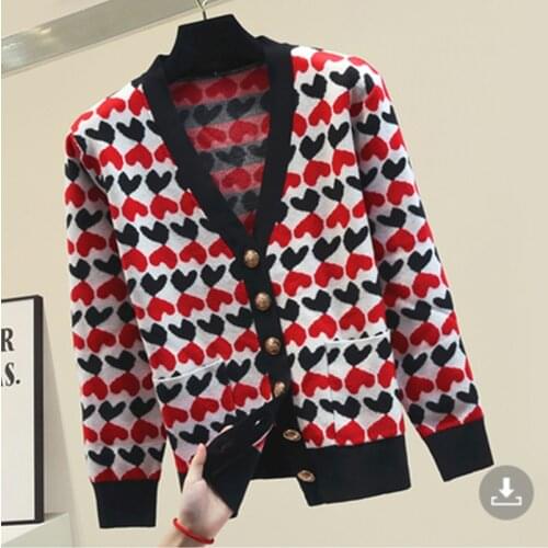 DALMAZZO 2021 Newest Autumn Sweet Cut Print Women V Neck Single-Breasted Knitted Cardigan Loose Sweater Tops Female