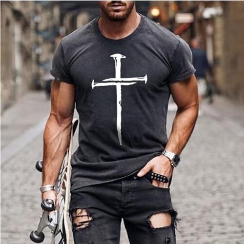 Summer New Mens Jesus Christ Cross Print Short Sleeve Casual All-Match Fashion T-Shirt Oversized Round Neck T-Shirt 5 Colors