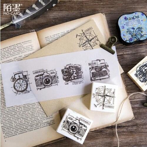 Camera Compass Luggage Vintage Style Wooden DIY Stamp Set Student Prize Promotional Gift Stationery