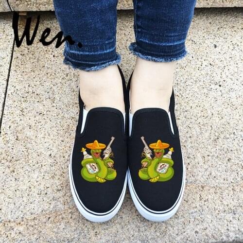Wen Design Cool Snake With Hat Mexican Tequila Revolver Gun Black White Slip On Canvas Sneakers Unisex Shoes Walking Plimsolls