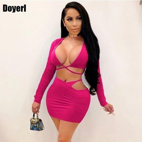 Club Sexy Two Piece Skirt Set Women Clothes Matching Sets 2 Piece Birthday Outfits for Women High Waist Mini Skirt and Top Set