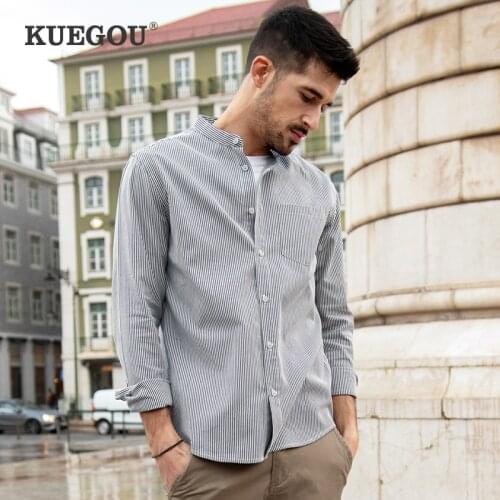 KUEGOU Spring Camisa Masculina 100% Cotton Men‘s shirt Long sleeve Fashion Double Chest Pockets White Striped shirts BC-20530