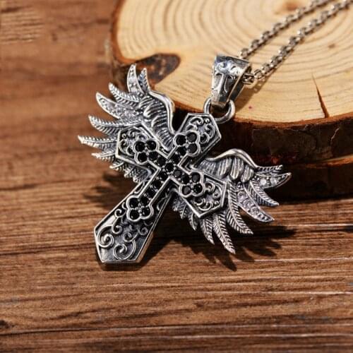 Real S925 Silver Necklace Pendant Inlaid Synthetic Zircon Cross Feather large Pendant for Man 2021 Fashion Trend Man and Woman