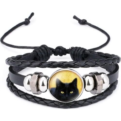 Cute Black Cat Picture Round Cabochon Glass Bracelet Punk Charm Leather Bracelets & Bangles Men Women Jewelry