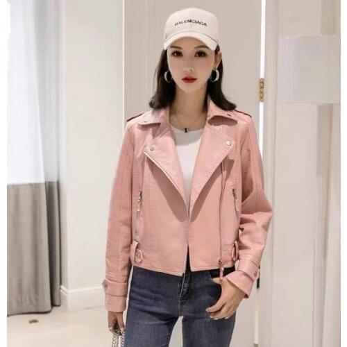 Fashion Spring And Autumn Womens Short Leather Jacket All-match Slim Girls' Leather Jacket Solid Color Womens Leather Jacket