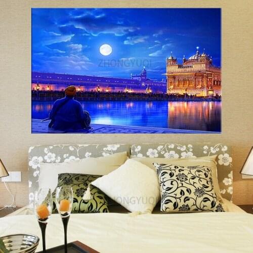 Canvas Wall Art HD Prints Poster Home Decor Framework 1 Piece/Pcs India Golden Temple Paintings Moon Blue Night Scene Pictures